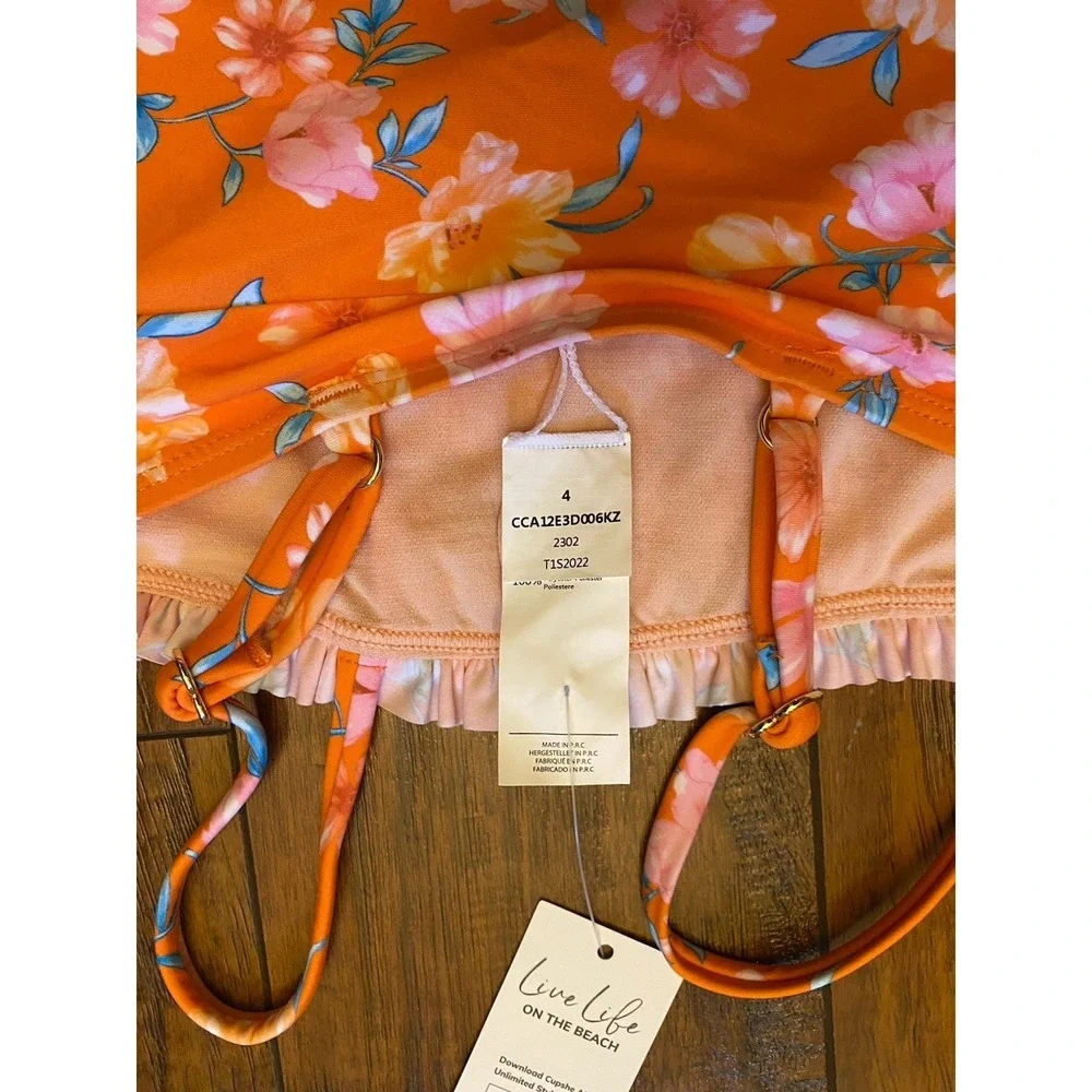 NWT Cupshe Bathing Suit Swimsuit Girls One Piece Orange Floral Ruched Size 4